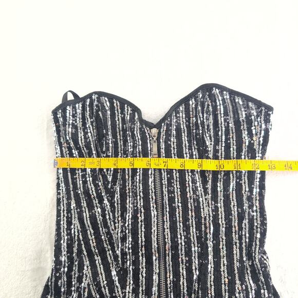 Glitter Sequin Bustier Lace Up Corset Zip Front Silver Black Women's Small - Picture 6 of 8